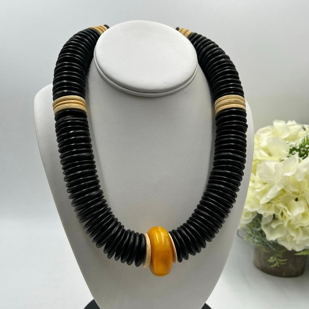 Vintage Black Bakelite Disc Necklace Butterscotch Amber Accent Statement Jewelry